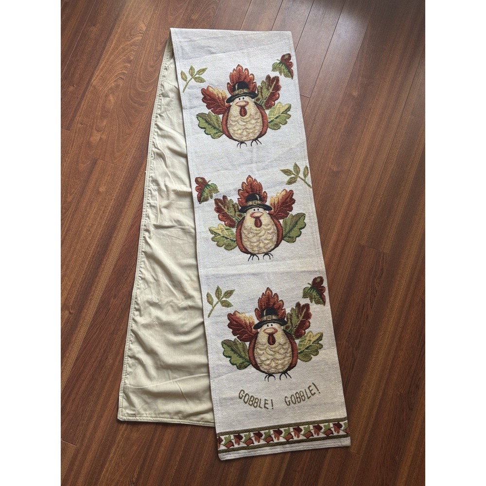 Tapestry Woven Table Runner Thanksgiving Pilgrim Turkey Gobble Gobble Fall Decor